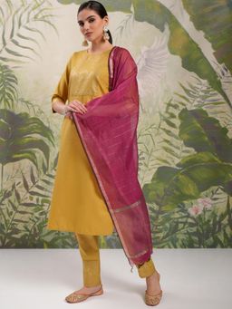 VISHUDH - Women Mustard Printed Kurta with Pant & Dupatta (Set of 3)