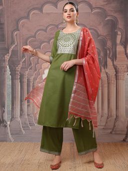 VISHUDH - Women Green Printed Kurta with Palazzo & Dupatta (Set of 3)