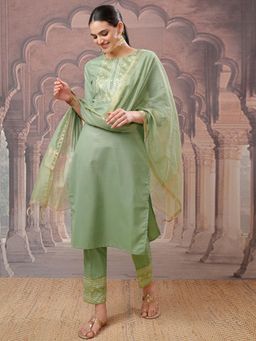 VISHUDH - Women Green Printed Kurta with Pant & Dupatta (Set of 3)