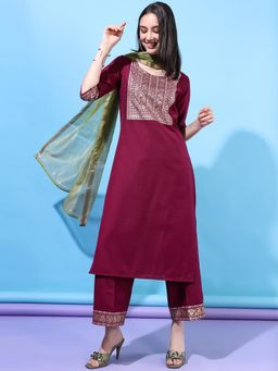 VISHUDH - Women Maroon Printed Kurta with Palazzo & Dupatta (Set of 3)