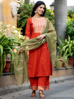 VISHUDH - Women Orange Printed Kurta with Palazzo & Dupatta (Set of 3)