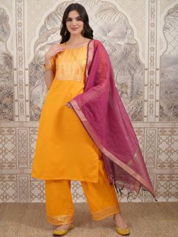 VISHUDH - Women Yellow Printed Kurta with Palazzo & Dupatta (Set of 3)