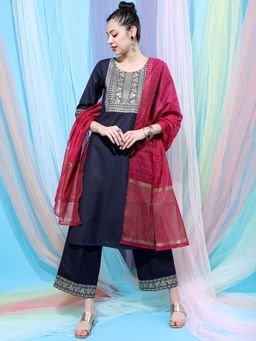 VISHUDH - Women Navy Blue Printed Kurta with Palazzo & Dupatta (Set of 3)