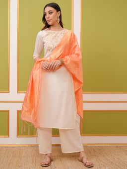 VISHUDH - Women Off White Embroidered Kurta with Palazzo & Dupatta (Set of 3)