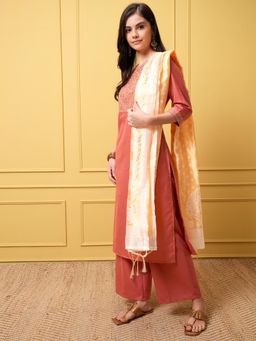 VISHUDH - Women Coral Embroidered Kurta with Palazzo & Dupatta (Set of 3)