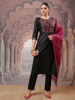 VISHUDH - Women Black Embroidered Kurta with Pant & Dupatta (Set of 3)