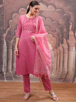 VISHUDH - Women Pink Embroidered Kurta with Pant & Dupatta (Set of 3)