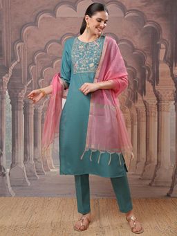 VISHUDH - Women Turquoise Embroidered Kurta with Pant & Dupatta (Set of 3)
