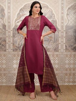 VISHUDH - Women Maroon Embellished/Sequined Kurta with Palazzo & Dupatta (Set of 3)