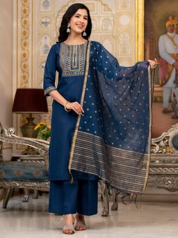 VISHUDH - Women Teal Embellished/Sequined Kurta with Palazzo & Dupatta (Set of 3)