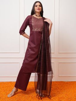 VISHUDH - Women Burgundy Embroidered Kurta with Palazzo & Dupatta (Set of 3)