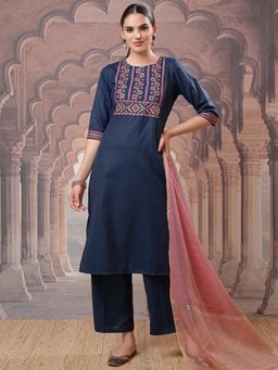 VISHUDH - Women Blue Embroidered Kurta with Palazzo & Dupatta (Set of 3)