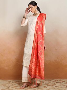 VISHUDH - Women Off White Woven Kurta with Palazzo & Dupatta (Set of 3)