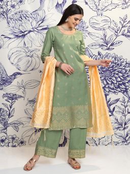 VISHUDH - Women Green Woven Kurta with Palazzo & Dupatta (Set of 3)