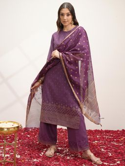VISHUDH - Women Purple Printed Kurta with Palazzo & Dupatta (Set of 3)