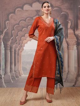 VISHUDH - Women Rust Printed Kurta with Palazzo & Dupatta (Set of 3)