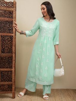 VISHUDH - Women Green Embroidered Kurta with Palazzo & Dupatta (Set of 3)