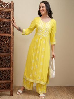 VISHUDH - Women Yellow Embroidered Kurta with Palazzo & Dupatta (Set of 3)