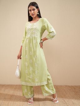 VISHUDH - Women Green Embroidered Kurta with Palazzo & Dupatta (Set of 3)