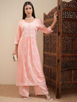 VISHUDH - Women Peach Embroidered Kurta with Palazzo & Dupatta (Set of 3)