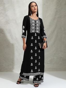 VISHUDH - Women Black Embroidered Kurta with Palazzo & Dupatta (Set of 3)
