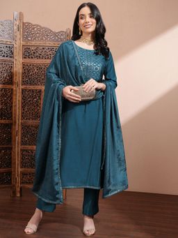 VISHUDH - Women Teal Self Design Kurta with Pant & Dupatta (Set of 3)