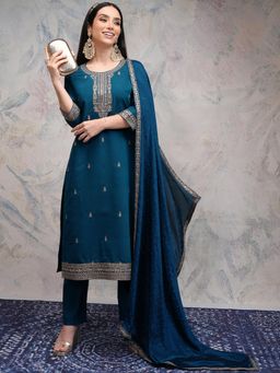 VISHUDH - Women Teal Embroidered Kurta with Pant & Dupatta (Set of 3)