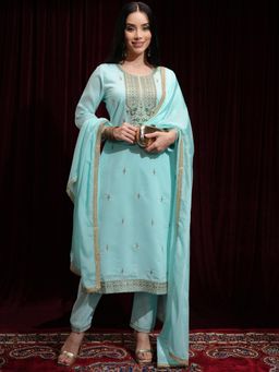 VISHUDH - Women Blue Embroidered Kurta with Pant & Dupatta (Set of 3)