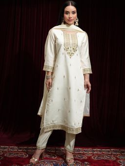 VISHUDH - Women Off White Embroidered Kurta with Pant & Dupatta (Set of 3)
