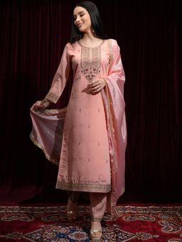 VISHUDH - Women Peach Embroidered Kurta with Pant & Dupatta (Set of 3)