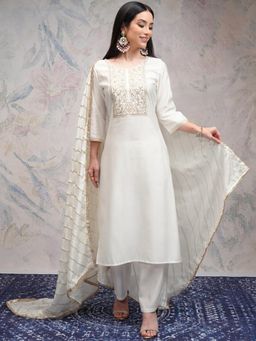 VISHUDH - Women Off White Embroidered Kurta with Pant & Dupatta (Set of 3)