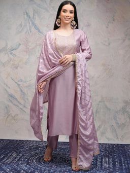 VISHUDH - Women Mauve Embroidered Kurta with Pant & Dupatta (Set of 3)