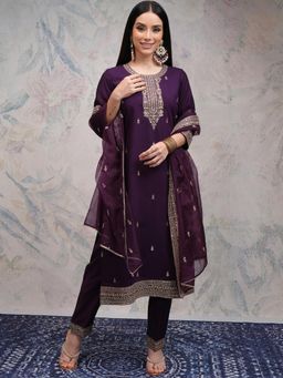 VISHUDH - Women Purple Embroidered Kurta with Pant & Dupatta (Set of 3)