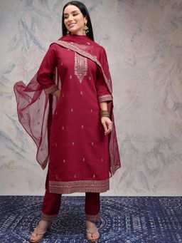 VISHUDH - Women Maroon Embroidered Kurta with Pant & Dupatta (Set of 3)