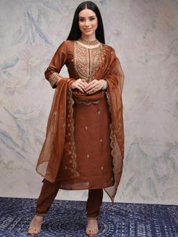 VISHUDH - Women Brown Embroidered Kurta with Pant & Dupatta (Set of 3)