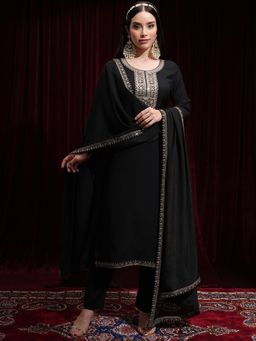VISHUDH - Women Black Embroidered Kurta with Pant & Dupatta (Set of 3)