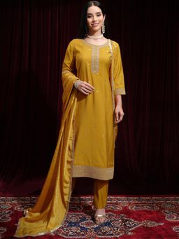 VISHUDH - Women Mustard Embroidered Kurta with Pant & Dupatta (Set of 3)