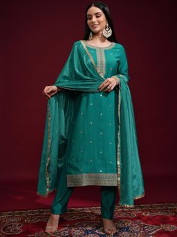 VISHUDH - Women Green Embroidered Kurta with Pant & Dupatta (Set of 3)