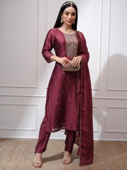 VISHUDH - Women Maroon Embroidered Kurta with Pant & Dupatta (Set of 3)