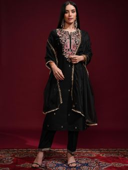 VISHUDH - Women Black Embroidered Kurta with Pant & Dupatta (Set of 3)