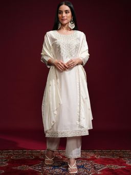 VISHUDH - Women Off White Embroidered Kurta with Pant & Dupatta (Set of 3)