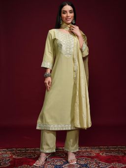 VISHUDH - Women Green Embroidered Kurta with Pant & Dupatta (Set of 3)