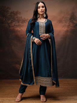 VISHUDH - Women Navy Blue Embroidered Kurta with Pant & Dupatta (Set of 3)