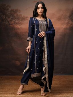 VISHUDH - Women Navy Blue Embroidered Kurta with Pant & Dupatta (Set of 3)