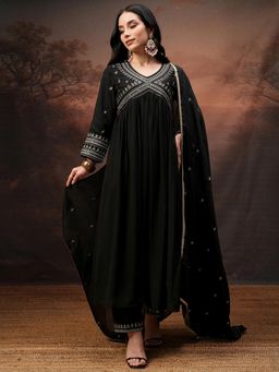 VISHUDH - Women Black Embroidered Kurta with Pant & Dupatta (Set of 3)