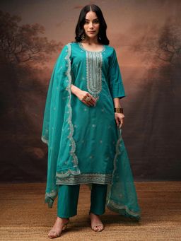 VISHUDH - Women Green Embroidered Kurta with Pant & Dupatta (Set of 3)