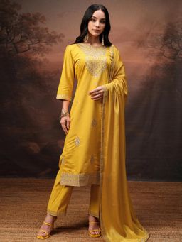 VISHUDH - Women Yellow Embroidered Kurta with Pant & Dupatta (Set of 3)