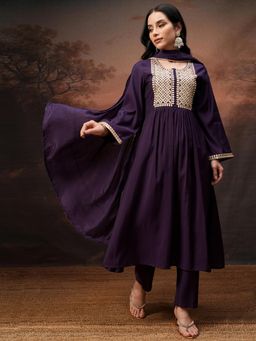 VISHUDH - Women Purple Embroidered Kurta with Pant & Dupatta (Set of 3)