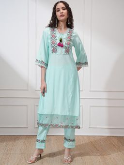VISHUDH - Women Aqua Floral Kurta with Pant (Set of 2)
