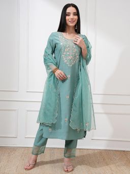 VISHUDH - Women Green Floral Kurta with Pant & Dupatta (Set of 3)